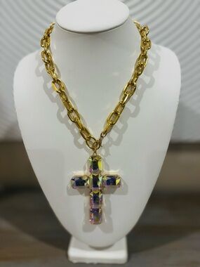 Gold Chain Necklace with Iridescent Crystal Cross Pendant